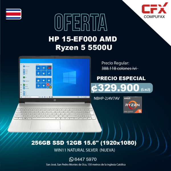 HP 15-EF000 AMD Ryzen™ 5 5500U 256GB SSD 12GB 15.6" (1920x1080) WIN11 NATURAL SILVER  (NUEVA)
